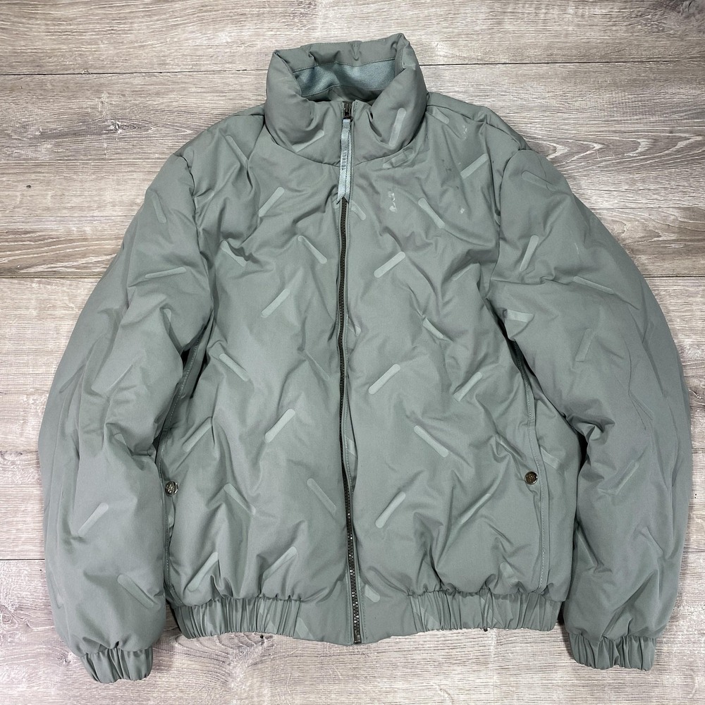 YoungLA Jacket Mens Large Green‎ Puffer Full Zip Elastic Hem Geometric Pattern